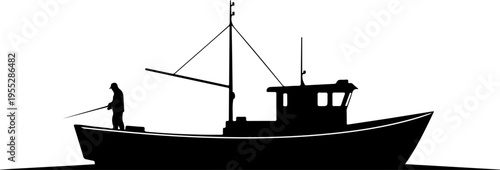 Vector silhouette of a fishing boat with a fisherman
