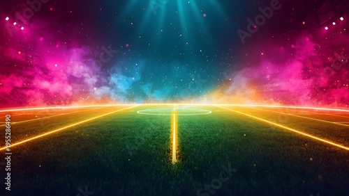 Futuristic Glowing Neon Soccer Pitch Lines in a Cyberpunk Stadium
