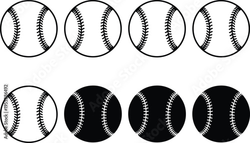 Set of eight baseball icons in black and white, featuring detailed stitching for use in sports, games, and athletic-themed visual content.