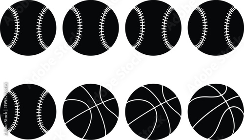 Group of eight black and white icons featuring baseballs and basketballs, perfect for sports, games, and athletic design applications.
