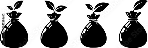 Moneybag Silhouette with Green Leaf Sprout, Sustainable Finance and Environmental Investment Concept