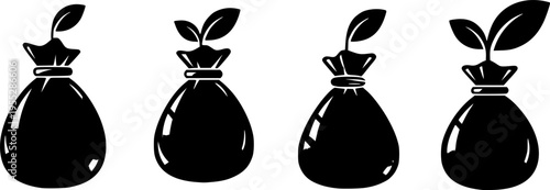 Moneybag Silhouette with Green Leaf Sprout, Sustainable Finance and Environmental Investment Concept