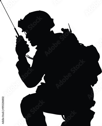Silhouette soldier using radio communication tactical military operator kneeling with backpack headset battlefield surveillance black, flat vector illustration concept isolated