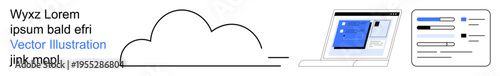 Cloud storage, web development, digital services, user interface design, data synchronization, technology. A cloud icon next to a digital interface screen and application UI components. Cloud storage