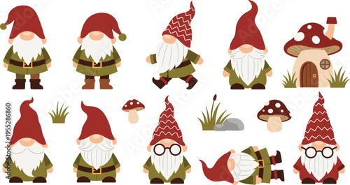 Collection of cute garden gnome characters and mushroom house illustrations