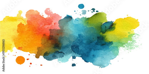 A vibrant burst of watercolor paint splashes across the image, blending hues of blue, green, yellow, orange and creating an artistic visual.