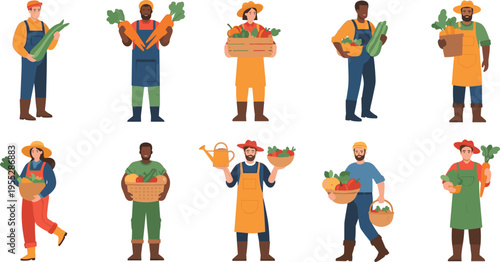 Collection of cute girl farmer characters with fresh vegetables and gardening tools