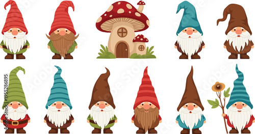 Collection of cute garden gnomes with colorful hats and mushroom houses