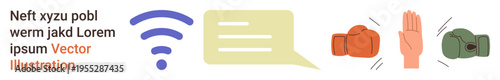 Communication, conflict, technology, wireless networking, social interaction, digital devices. Wireless signal, chat bubble boxing gloves and hand icons. Communication and conflict