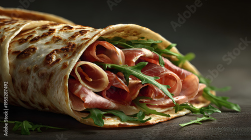 Italian piadina wrap with prosciutto ham, melted cheese and fresh arugula on dark background, gourmet street food close-up
