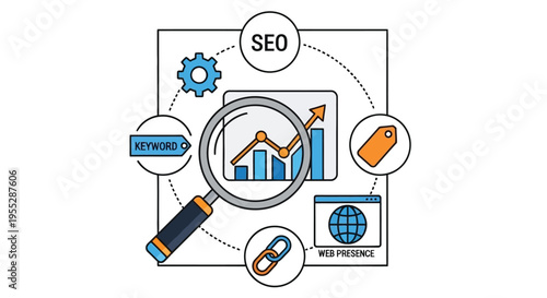 Search engine optimization concept with icons representing keywords analysis and web presence