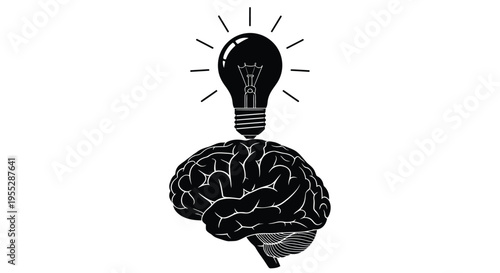 A black and white illustration of a lightbulb above a human brain