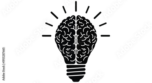 A black silhouette of a lightbulb containing a detailed brain illustration