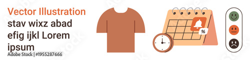 Time tracking, productivity tools, clothing organization, scheduling tasks, feedback evaluation, daily planning. Visual of a shirt, clock calendar and feedback scale. Time tracking and productivity