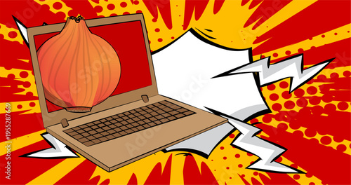 Cartoon Laptop, comic book Notebook with Onion. Retro vector comics pop art design.