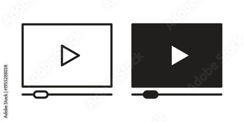 Video tutorial icon, line pictogram on white.