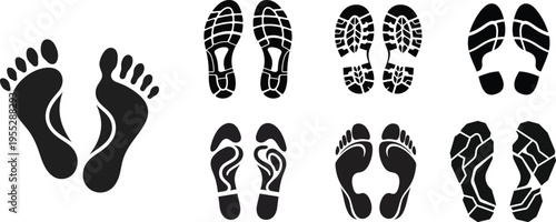 Human Footprints and Shoe Sole Imprint Icons Set