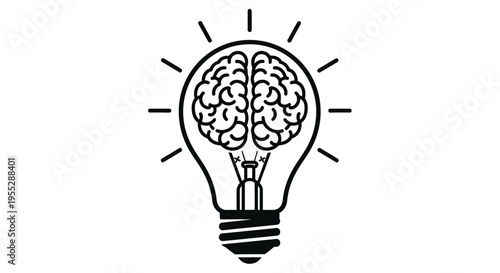 A black and white illustration of a lightbulb containing a human brain