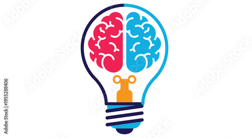 An illustration of a lightbulb containing a brain split into two colorful hemispheres