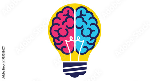 A lightbulb shaped like a human brain split into two colorful hemispheres