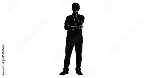 Silhouette of a man standing with arms crossed hand to chin in thought