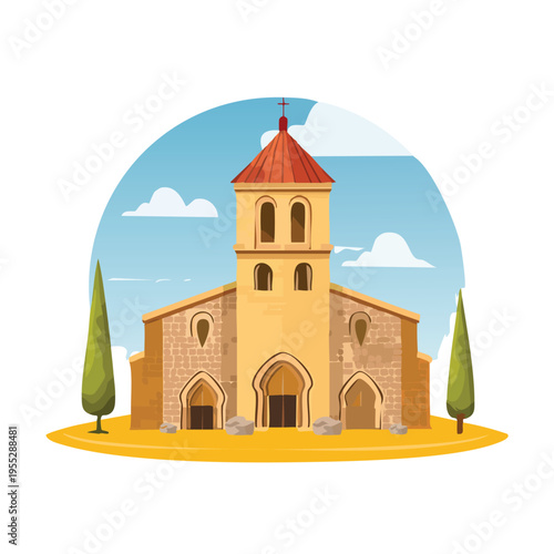 Cartoon church illustration with red roof and blue sky background