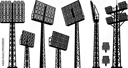 Stadium light pole silhouette set, floodlight vector illustration, sports field illumination design, outdoor arena lighting system, electricity infrastructure drawing, engineering lamp collection