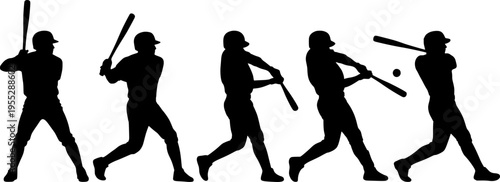 Baseball player silhouettes in batting sequence, from stance to follow‑through, sports motion study vector set for athlete posture and design use
