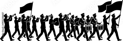 Marching band silhouettes, musicians with instruments, parade performers, flag bearers, drummers, trumpet players, marching formation, band performance illustration