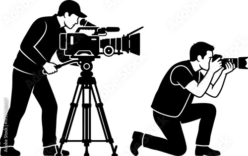 Photographer silhouette, videographer silhouette, camera operator, tripod setup, photo shoot, video recording, media production, capturing moments, professional photography poses