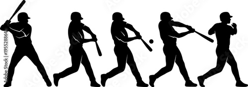 Baseball player silhouettes in batting sequence, from stance to follow‑through, sports motion study vector set for athlete posture and design use

