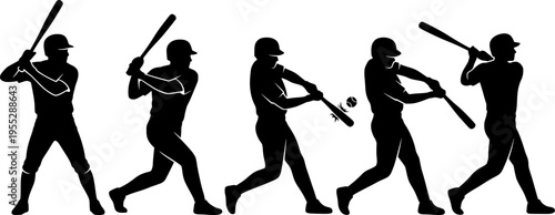 Baseball player silhouettes in batting sequence, from stance to follow‑through, sports motion study vector set for athlete posture and design use
