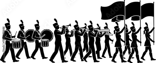 Marching band silhouettes, musicians with instruments, parade performers, flag bearers, drummers, trumpet players, marching formation, band performance illustration