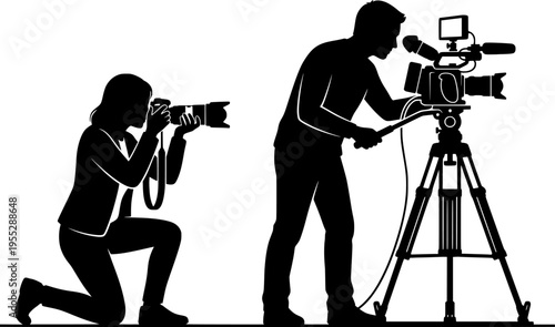 Photographer silhouette, videographer silhouette, camera operator, tripod setup, photo shoot, video recording, media production, capturing moments, professional photography poses