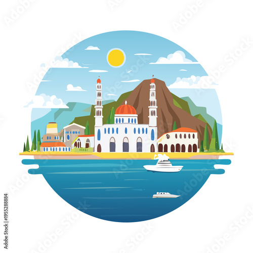 Coastal illustration featuring a building boat sea and mountains in a circular design