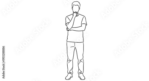 Line drawing of a man standing with his arms crossed deep in thought