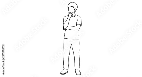 Simple line drawing of a man thoughtfully posing with hand to chin