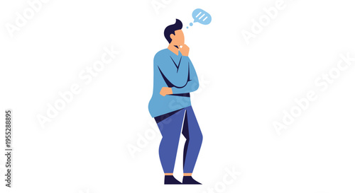 A man in a blue jacket pauses in thought with a speech bubble above his head