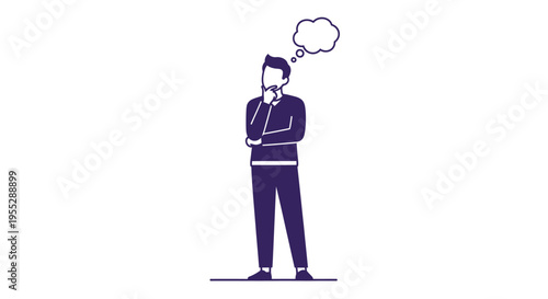 A thoughtful man stands with his hand to his chin a thought bubble above