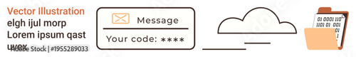 Data security, cloud storage, digital communication, authentication, cyber safety, verification. Message box, secure code entry cloud and file folder icons. Data security and cloud storage concept