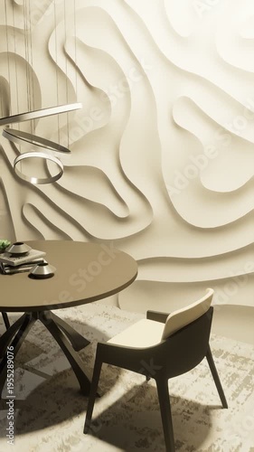 3D render vertical animation of a minimalist-style dining room