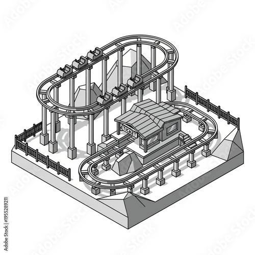 Detailed Isometric View of Roller Coaster Structure.