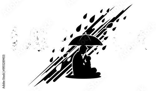 Father shielding baby from rain with umbrella abstract urban crowd concept black silhouette vector isolated on white background