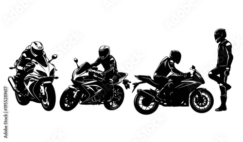 Motorcycle Rider Silhouette Set with Dynamic Riding Poses Vector