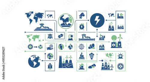 Sustainable Global Energy Infrastructure and Green Technology Ecosystem Concept Vector Illustration