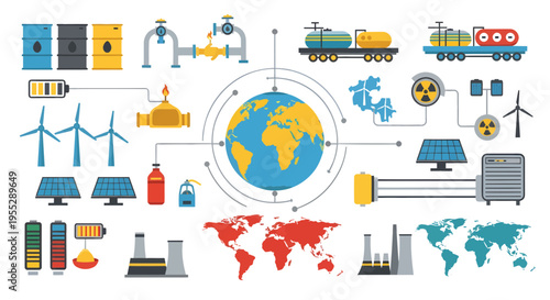 Global Energy Industry Infographic Elements Set Featuring Renewable Energy, Fossil Fuels, Nuclear Power, and World Map Icons in Flat Vector Style