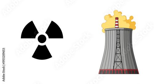 Nuclear Power Plant Illustration with Radiation Symbol and Cooling Tower on White Background