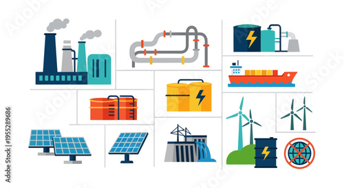 Industrial energy sector flat vector illustration set with renewable solar and wind power, fossil fuel factory, oil refinery tanks, and hydroelectric dam infrastructure icons.