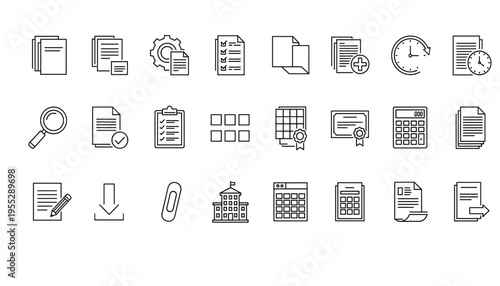 Professional Education Vector Illustration Set Featuring Modern Line Art Icons for Academic Certificates Documentation and School Administration Branding