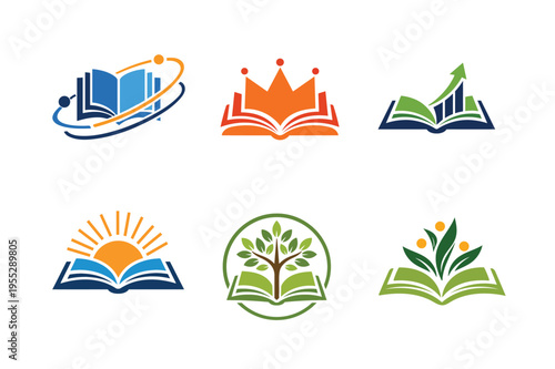 Educational logos and icons featuring books and nature
